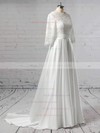 Ball Gown Scalloped Neck Sweep Train Lace Satin Sashes / Ribbons Wedding Dresses #PDS00023446