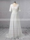 A-line V-neck Sweep Train Lace Chiffon Beading Wedding Dresses #PDS00023463
