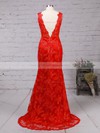 V-neck Red Lace Open Back Appliques Lace Trumpet/Mermaid Prom Dress #PDS02014905
