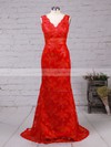 V-neck Red Lace Open Back Appliques Lace Trumpet/Mermaid Prom Dress #PDS02014905