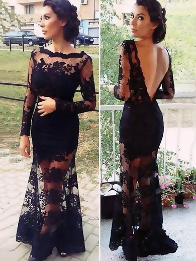 Trumpet/Mermaid Scalloped Neck Long Sleeve Black Lace Prom Dresses #PDS02015408