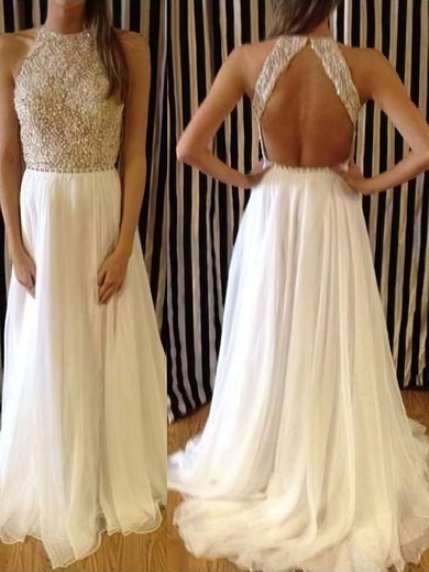 A-line Scoop Neck Sweep Train Chiffon Beading Prom dresses #PDS02016066