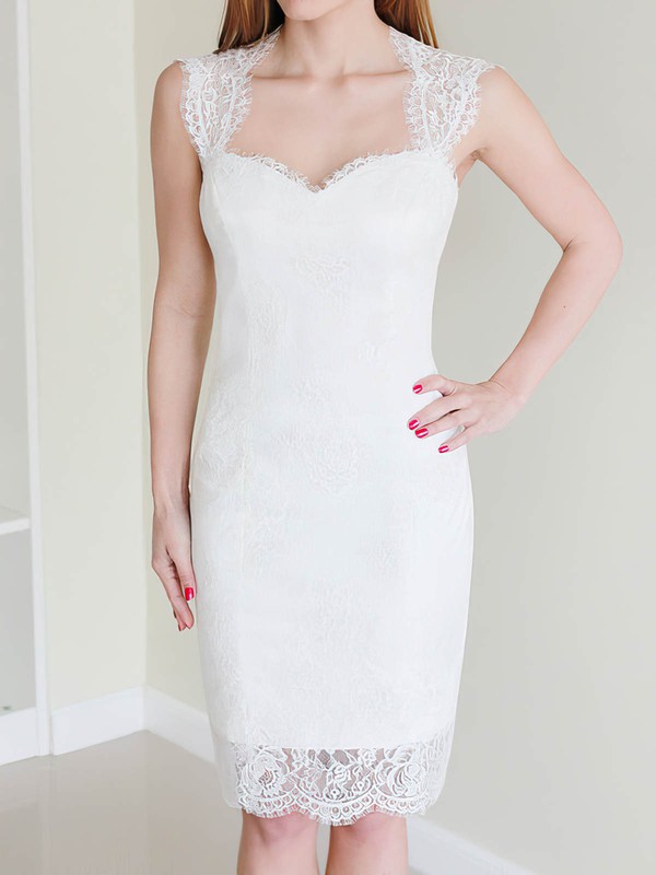 Fashion White Lace with Buttons Knee-length Sheath/Column Wedding Dress #PDS00020468