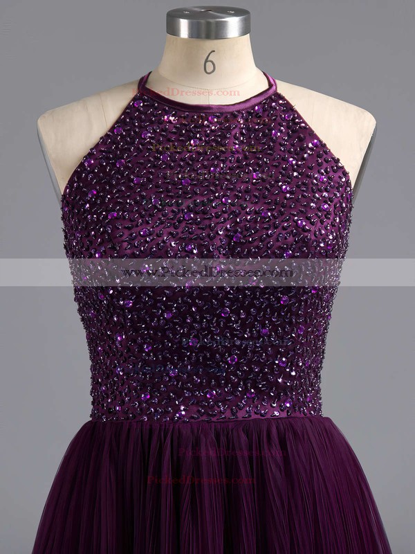 Scoop Neck Tulle Beading Spaghetti Straps Elegant Purple Short/Mini Prom Dress #PDS02019702