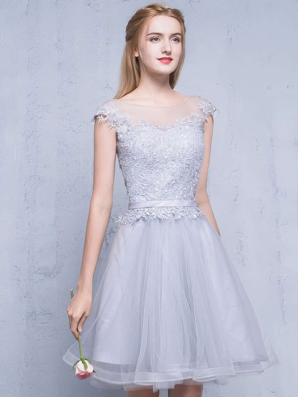 A-line Scoop Neck Tulle Short/Mini Appliques Lace Pretty Short Prom Dresses #PDS020102753