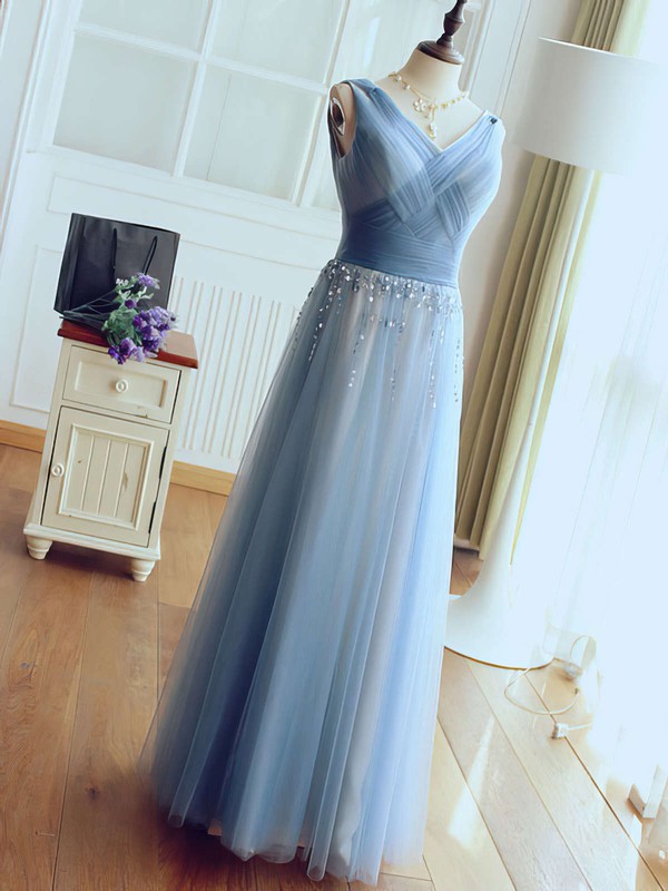 A-line V-neck Tulle with Beading Floor-length Beautiful Prom Dresses #PDS020102764
