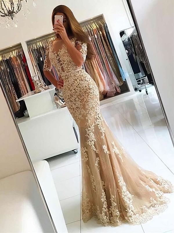 Scoop Neck Tulle Appliques Lace Sweep Train Trumpet/Mermaid 1/2 Sleeve Backless Elegant Prom Dresses #PDS020102800