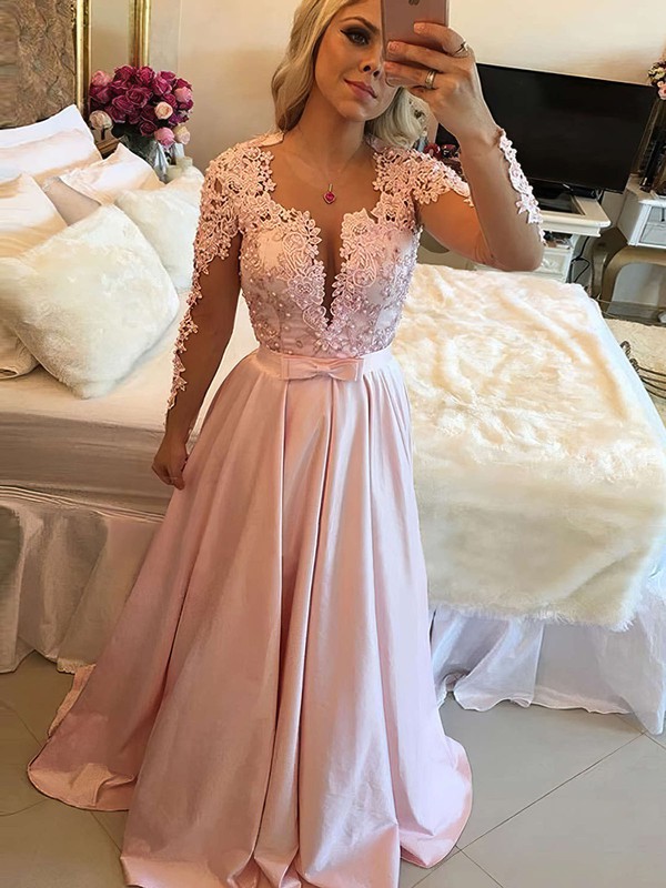 Open Back A-line Scoop Neck Tulle Appliques Lace Sweep Train Long Sleeve Sexy Prom Dresses #PDS020102805