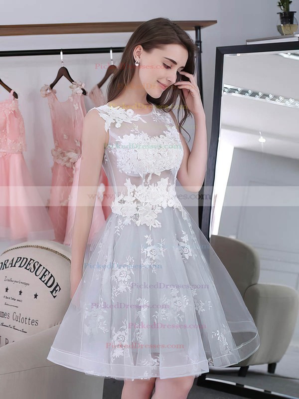 Sweet Knee-length A-line Scoop Neck Tulle with Appliques Lace Prom Dresses #PDS020102858