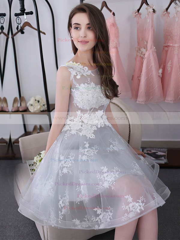 Sweet Knee-length A-line Scoop Neck Tulle with Appliques Lace Prom Dresses #PDS020102858