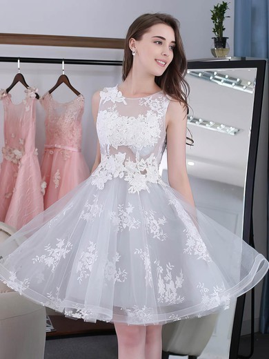 A-line Scoop Neck Tulle Knee-length Appliques Lace Sweet Short Prom Dresses #PDS020102858
