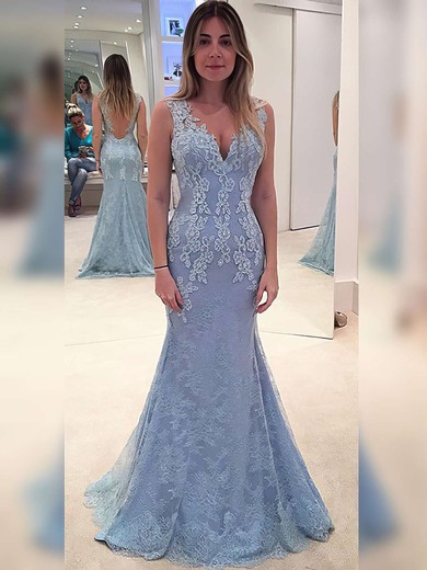 New Style V-neck Lace with Appliques Lace Sweep Train Trumpet/Mermaid Prom Dresses #PDS020102866