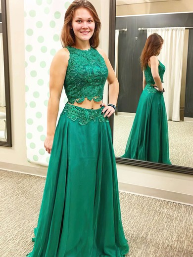 A-line Scoop Neck Chiffon Appliques Lace Floor-length Two Piece Fashion Prom Dresses #PDS020102874