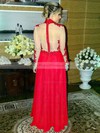 A-line High Neck Red Chiffon Tulle Appliques Lace Floor-length Long Sleeve Trendy Prom Dresses #PDS020102880