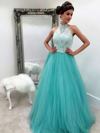 A-line High Neck Tulle with Appliques Lace Floor-length Famous Prom Dresses #PDS020102893
