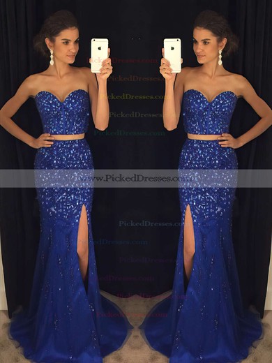 Trumpet/Mermaid Sweetheart Tulle Beading Sweep Train Two Piece Amazing Prom Dresses #PDS020102914
