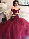 Fashion Trumpet/Mermaid Off-the-shoulder Burgundy Tulle Appliques Lace Prom Dresses #PDS020102915