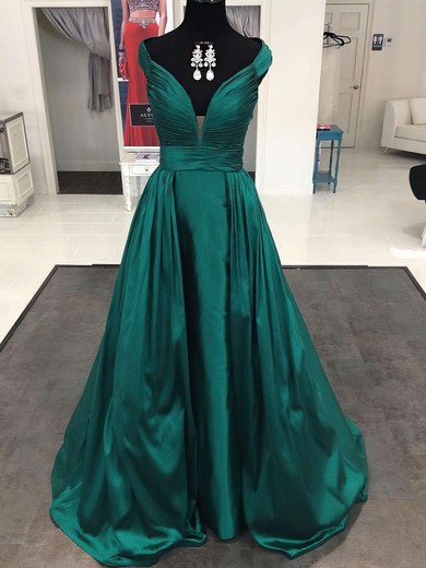 A-line V-neck Dark Green Satin with Ruffles Sweep Train Boutique Prom Dresses #PDS020102919