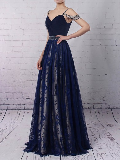 A-line V-neck Black Lace Tulle with Beading Floor-length Famous Prom Dresses #PDS020102939