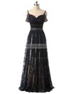 A-line V-neck Black Lace Tulle with Beading Floor-length Famous Prom Dresses #PDS020102939