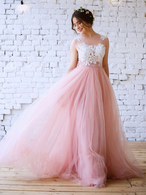 Princess Scoop Neck Pink Tulle with Appliques Lace Floor-length New Arrival Prom Dresses #PDS020103231