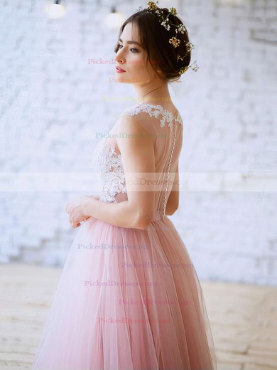 Princess Scoop Neck Pink Tulle with Appliques Lace Floor-length New Arrival Prom Dresses #PDS020103231