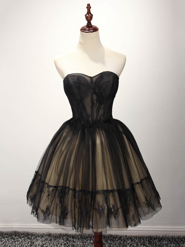 Princess Sweetheart Tulle Short/Mini Appliques Lace Black For Less Short Prom Dresses #PDS020103252