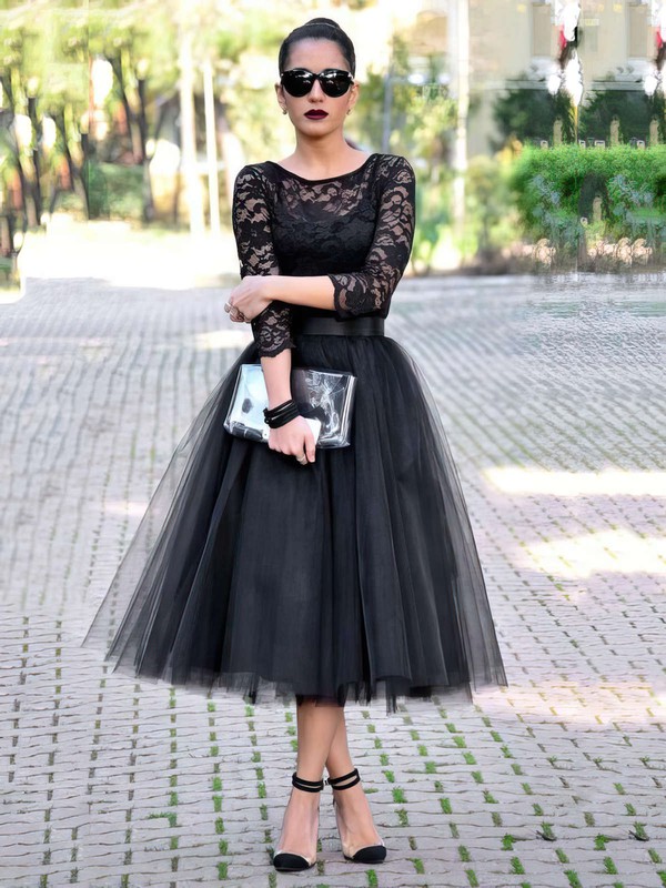 Princess Scoop Neck Black Lace Tulle Tea-length 3/4 Sleeve Casual Prom Dresses #PDS020103255