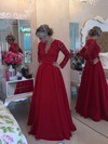 Princess V-neck Lace Satin with Beading Floor-length Long Sleeve Newest Prom Dresses #PDS020103256