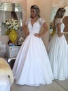 Princess V-neck White Chiffon Lace Floor-length Short Sleeve Prom Dresses #PDS020103257