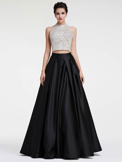 Princess Halter Black Satin with Sequins Floor-length Two Piece Backless Nice Prom Dresses #PDS020103279