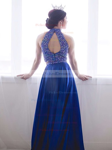 Perfect A-line High Neck Royal Blue Satin with Beading Sweep Train Two Piece Prom Dresses #PDS020103284