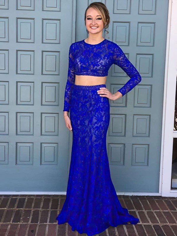 Sheath/Column Royal Blue Lace with Beading Floor-length Long Sleeve Two Piece  Prom Dresses #PDS020103287