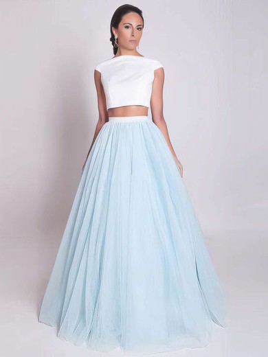 Princess Scoop Neck Light Sky Blue Satin Tulle with Ruffles Floor-length Two Piece Simple Prom Dresses #PDS020103301