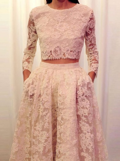 Ivory A-line Scoop Neck Lace with Pockets Sweep Train Long Sleeve Two Piece Latest Prom Dresses #PDS020103303
