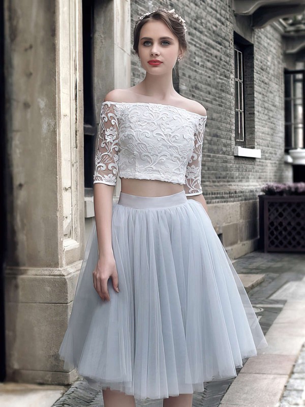 Princess Off-the-shoulder Lace Tulle Knee-length Short Prom Dresses #PDS020103308