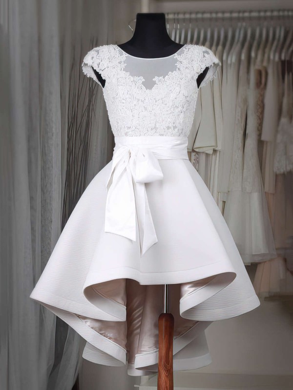 A-line Scoop Neck Satin Tulle Appliques Lace Asymmetrical Original Prom Dresses #PDS020103433