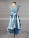 A-line Scoop Neck Satin Asymmetrical Appliques Lace Short Prom Dresses #PDS020103433