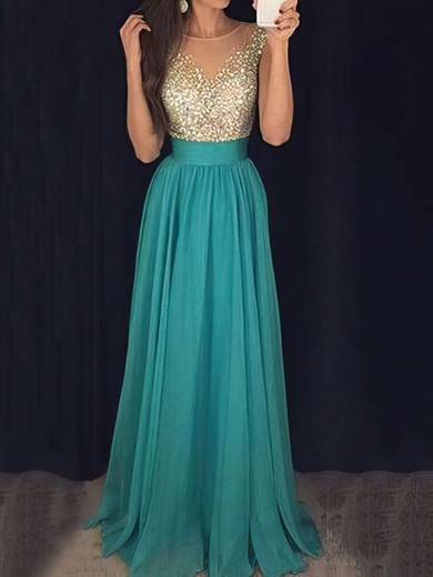 Glamorous A-line Scoop Neck Chiffon Tulle with Beading Floor-length Long Prom Dresses #PDS020103434