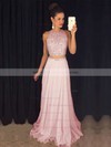 A-line Scoop Neck Chiffon Tulle with Beading Sweep Train Two Piece Prom Dresses #PDS020103435