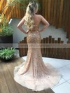 Sparkly Trumpet/Mermaid Halter Tulle Crystal Detailing Sweep Train Backless Prom Dresses #PDS020103455