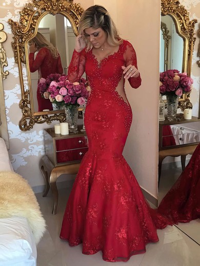 Latest Trumpet/Mermaid V-neck Red Tulle Appliques Lace Sweep Train Long Sleeve Prom Dresses #PDS020103463