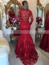 Latest Trumpet/Mermaid V-neck Red Tulle Appliques Lace Sweep Train Long Sleeve Prom Dresses #PDS020103463