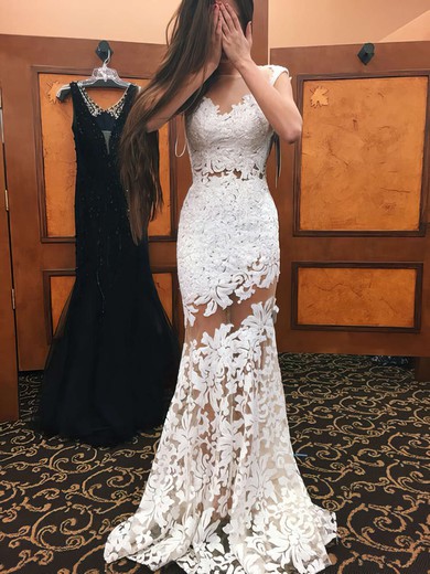 Newest Trumpet/Mermaid Scoop Neck Ivory Tulle Appliques Lace Sweep Train Open Back Prom Dresses #PDS020103500