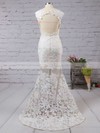 Newest Trumpet/Mermaid Scoop Neck Ivory Tulle Appliques Lace Sweep Train Open Back Prom Dresses #PDS020103500