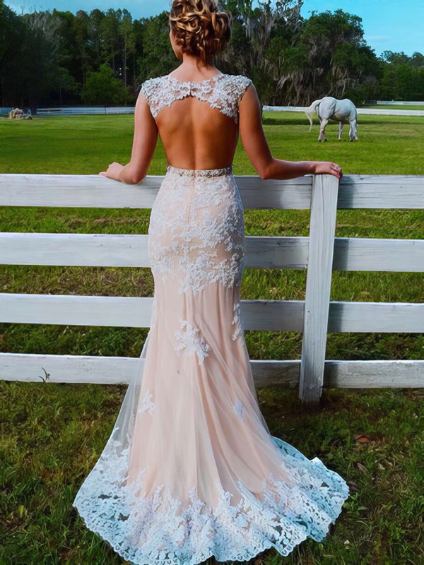Pretty Champagne Trumpet/Mermaid Scoop Neck Tulle Appliques Lace Sweep Train Open Back Prom Dresses #PDS020103546
