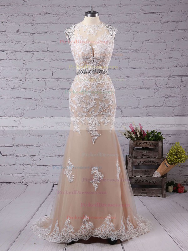 Pretty Champagne Trumpet/Mermaid Scoop Neck Tulle Appliques Lace Sweep Train Open Back Prom Dresses #PDS020103546