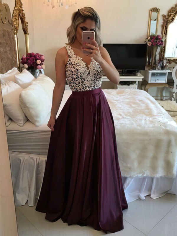 New V-neck A-line Satin with Appliques Lace Floor-length Prom Dresses #PDS020103548