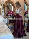 New V-neck A-line Satin with Appliques Lace Floor-length Prom Dresses #PDS020103548