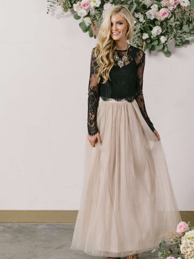 Two Piece A-line Scoop Neck Tulle Appliques Lace Ankle-length Long Sleeve New Style Prom Dresses #PDS020103551